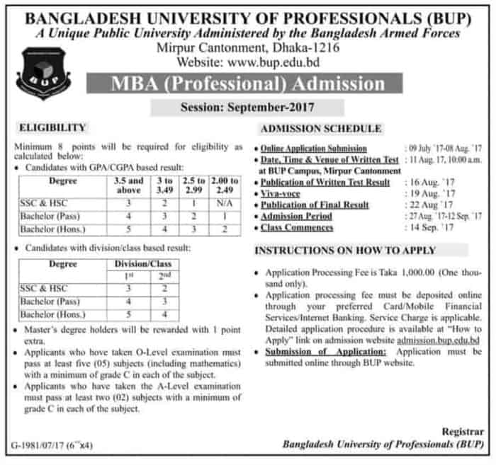 MBA (Professional) Admission Opportunity at BUP