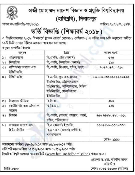 হাজী মোহাম্মদ দানেশ বিজ্ঞান ও প্রযুক্তি বিশ্ববিদ্যালয়ে ভর্তি বিজ্ঞপ্তি